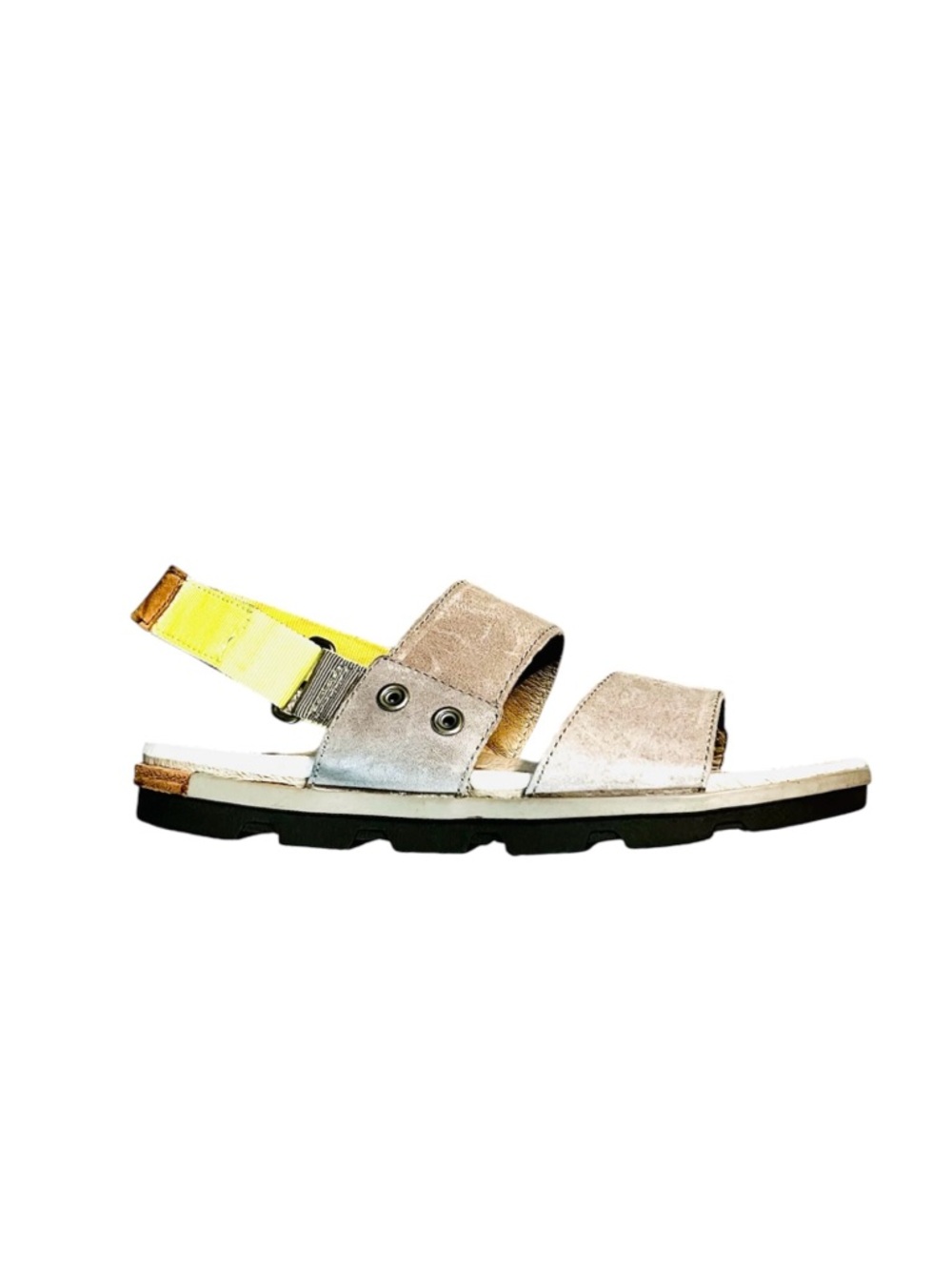 Sorel Ava Beige Sandal with Neon Yellow Heel Strap